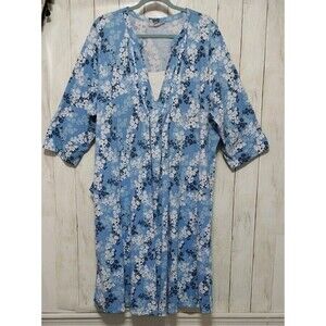 Woman Within Lounger Dress Blue Floral Pleated Front 3/4 Sleeve Pockets Size 3X